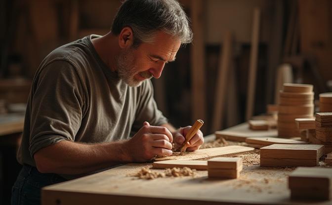 Master woodcraft artisans at workbench crafting custom wooden furniture